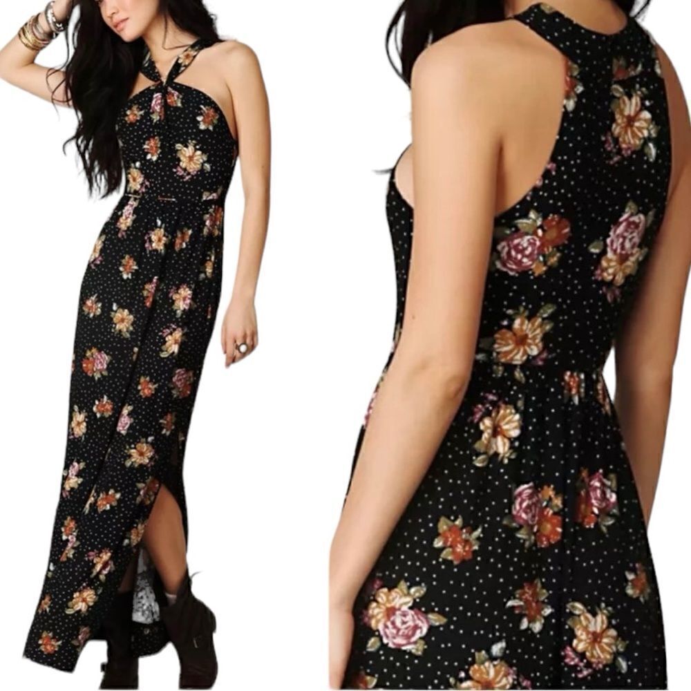 Free People Twist Halter Floral and Polka Dot Maxi Dress Sz S